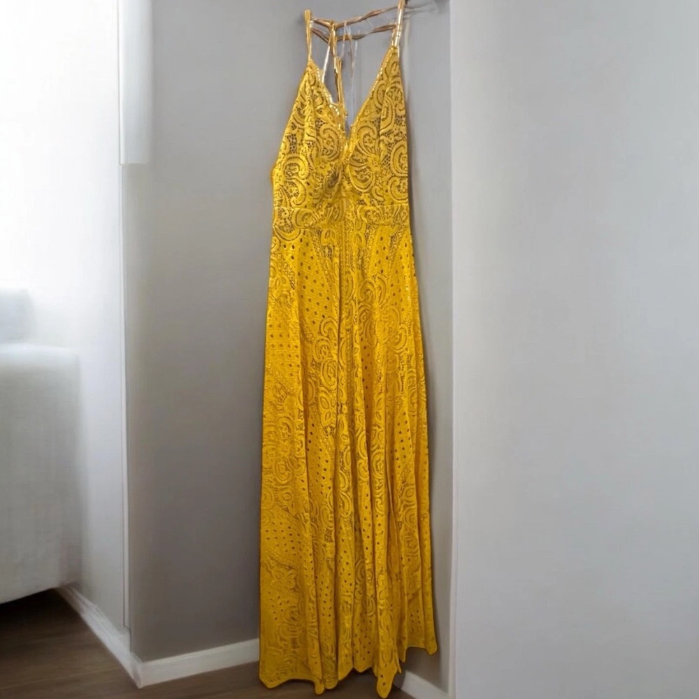 Michael Costello x Revolve Long Sexy Maxi Dress Sz Medium Yellow Lace - Picture 2 of 11